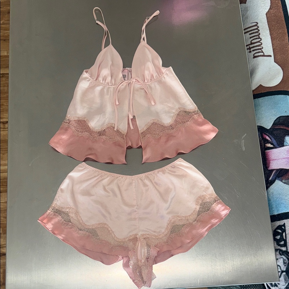 Victoria's Secret Pink Satin Lace Trim Pajama Set